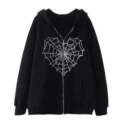 Tiki's new hoodie with spider web print hoodie, personalized casual zippered jacket, trendy oversized women's clothing