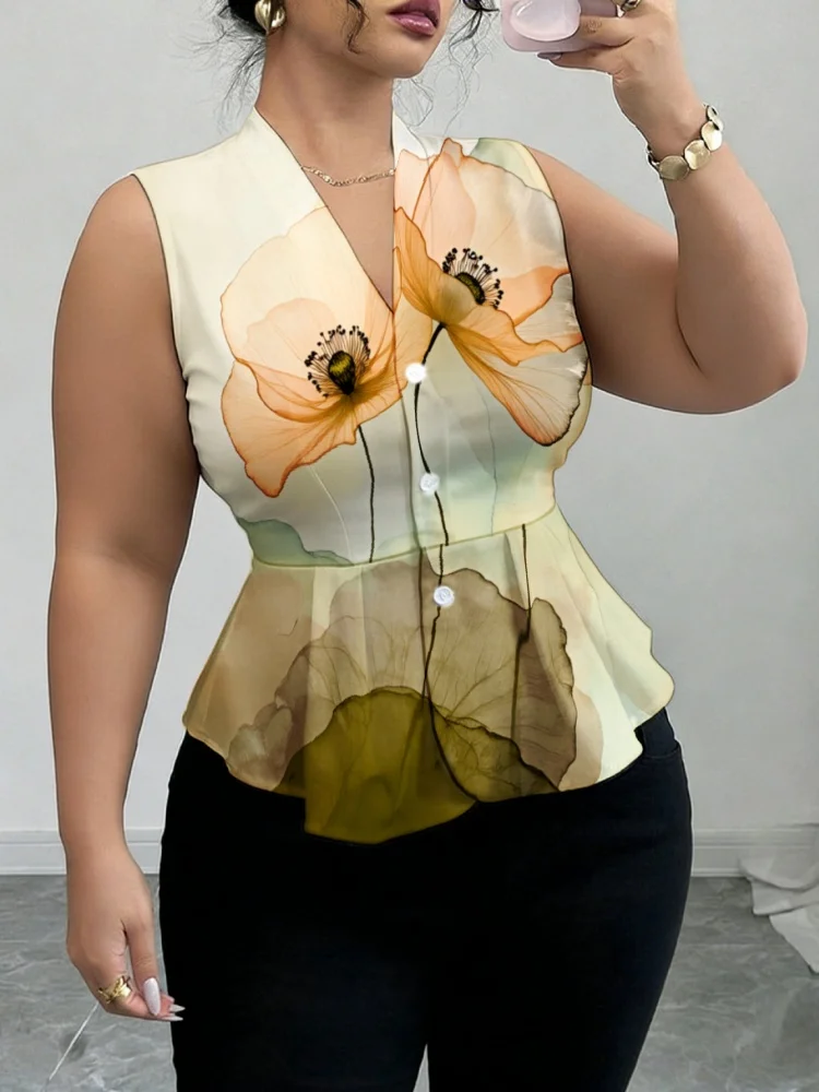 

Cami Top Plus Size Women's Watercolor Floral V Neck Peplum Tank Tops Elegant Sleeveless Button Down Office Lady Summer Vest