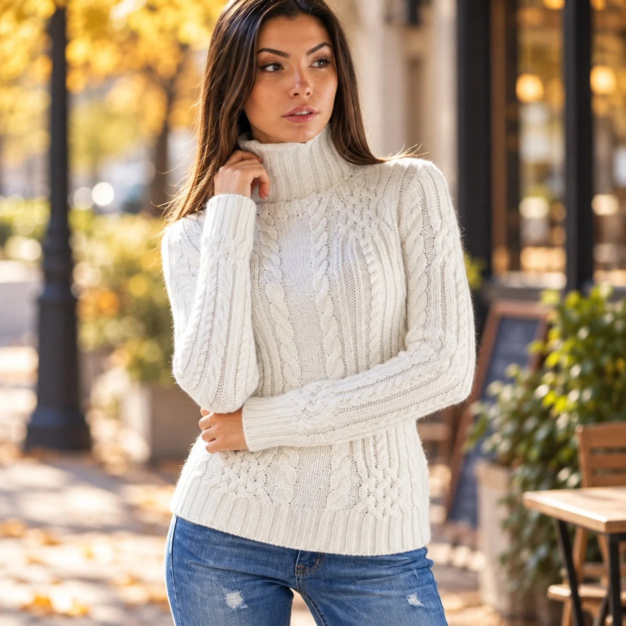 Thick Pullover Sweater Slim Fit Literary Retro with Ethnic Tribal No Button Closure Autumn Openwork Turtleneck Women Sweater