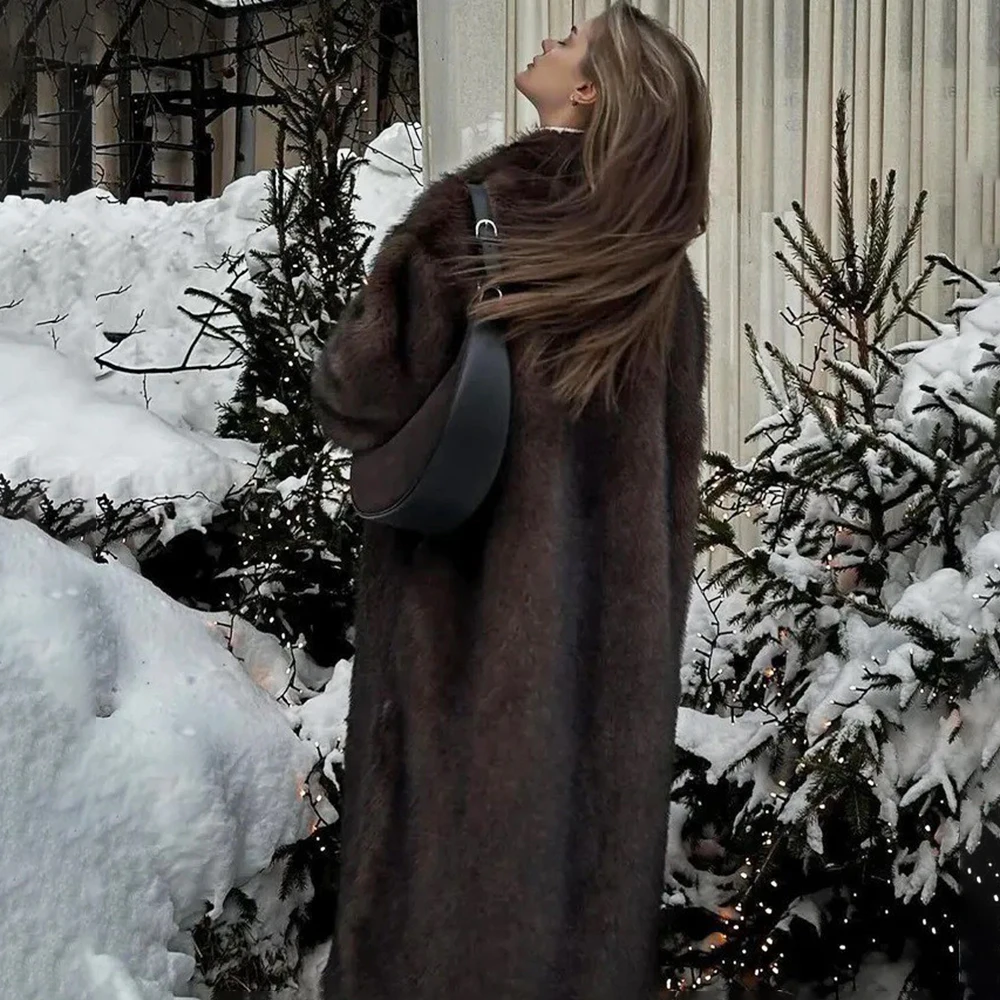 Tuularose Vintage Solid Women Faux Fur Coat Fashion Full Sleeve Cardigan Warm Fluffy Plush Overcoat Winter Lady Street Outerwear