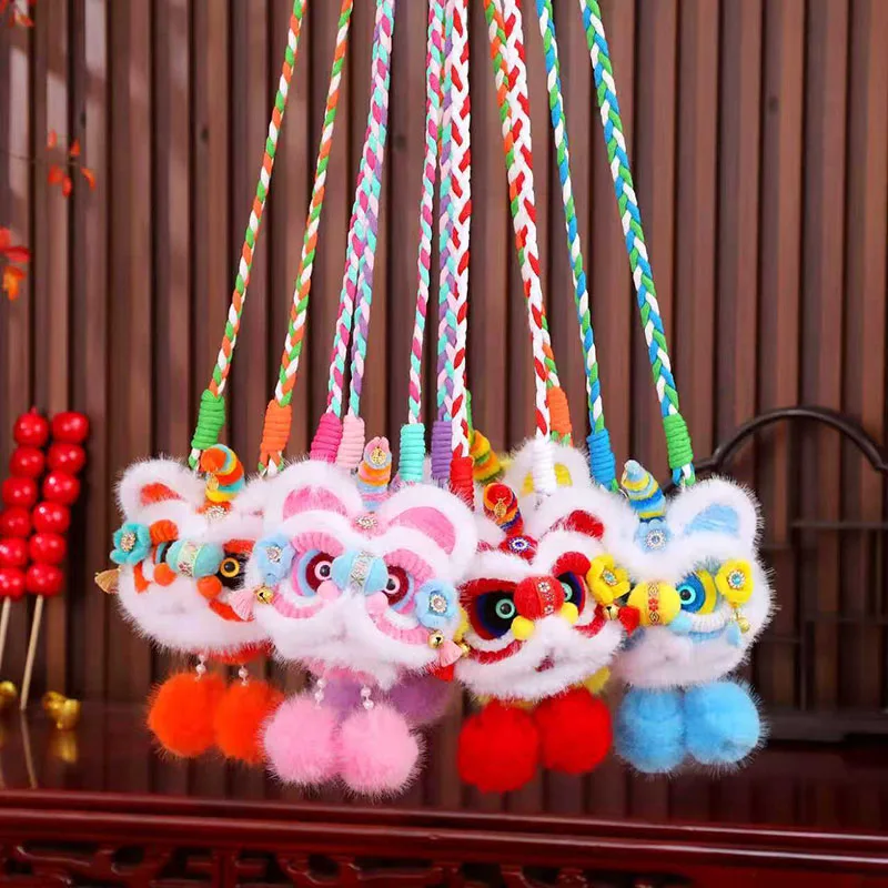Squishy Lion Dance Plush Pendant Traditional Chinese Style Ornament with Braided Rope Lucky Charm for Spring Festival Decoration