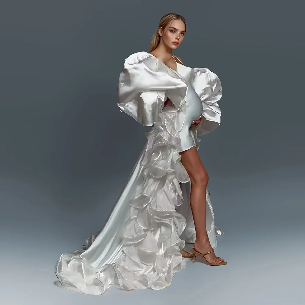 

2025 атласное пышное платье для фотосессии для беременных, свадебное платье ручной работы с рюшами и накладным пальто, наряд для фотосессии беременных на заказ