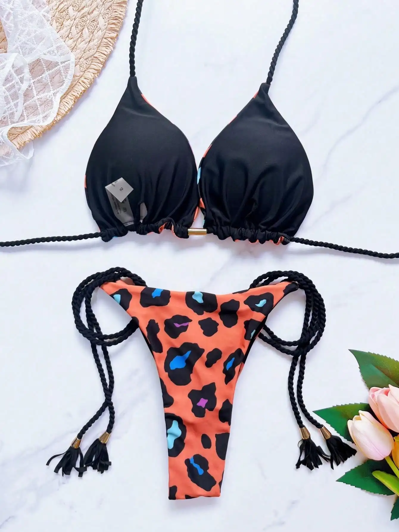 2026 Sexy Women Swimsuit Leopard Print Bikini Set Triangle Braiding Rope Bathing Suit Halter Swimwear Bandage Brazilian Biquinis