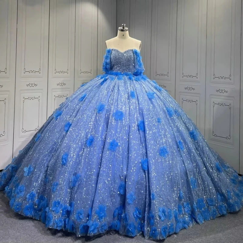 

Blue Shiny Quinceanera Dresses Off The Shoulder Flower Beading Crystal Tull Party Birthday Sweet 16 Dress Vestidos 15 Anos