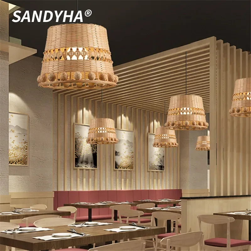 SANDYHA Bamboo Chandelier Chinese Retro Lantern Commercial Restaurant Catering Hot Pot Shop Art Decoration LED Lighting Fixture