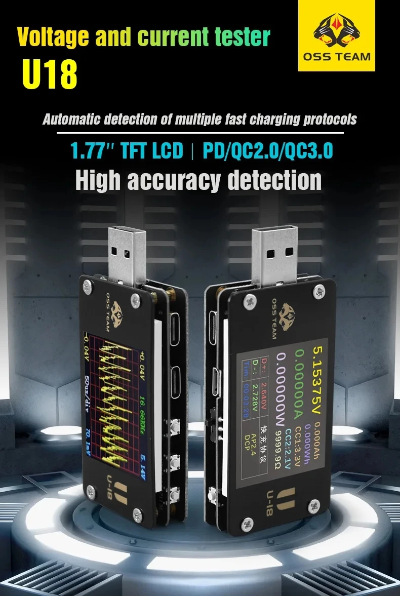 

OSS U18 Тестер быстрой зарядки, высокоточный тестер напряжения и тока, многофункциональный инструмент для приманки протокола PD/QC2.0/QC3.0