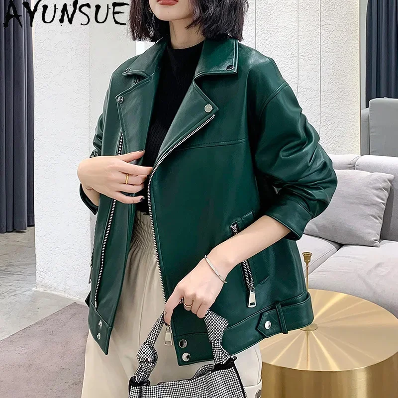 Popular AYUNSUE Genuine Leather Jacket Women Short Locomotive Zipper Sheepskin Harajuku Fashion Loose Trendy Lederjacke Damen