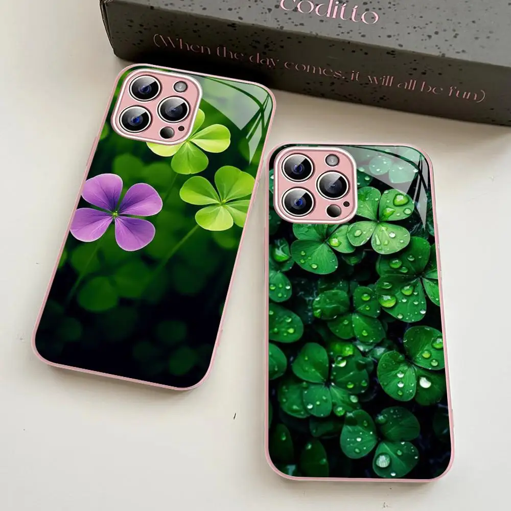 

Lucky Four Leaf Clover Phone Case For iPhone 14 13 12 Mini 11 Pro XS Max X XR 14 Plus Tempered Glass Cover