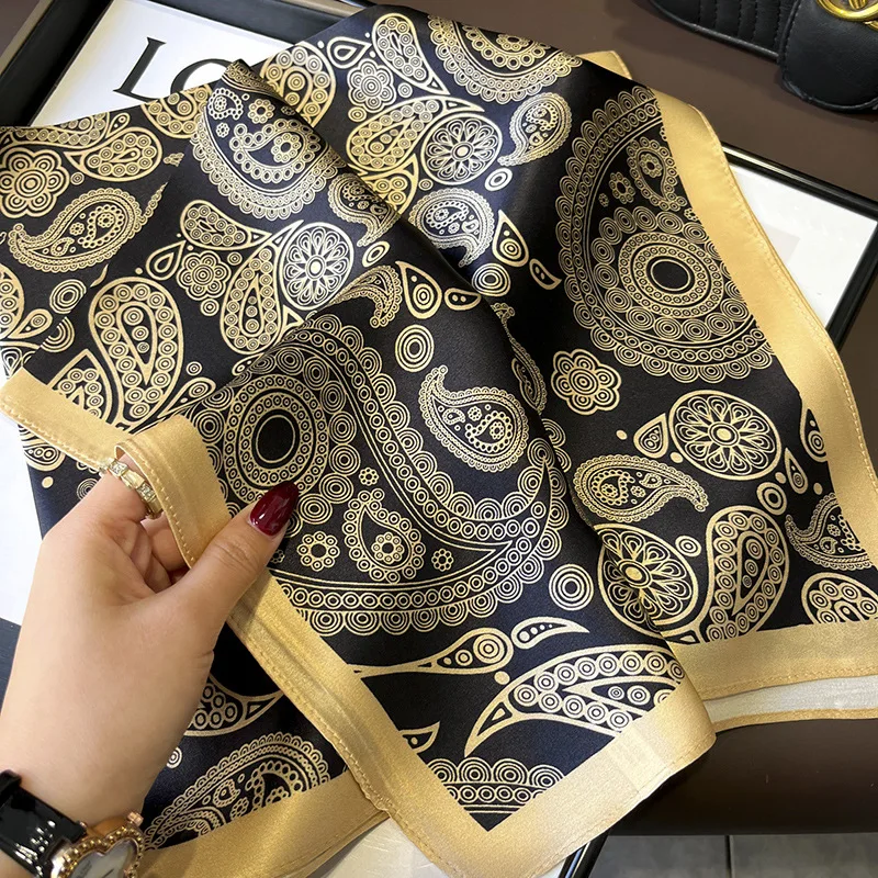 

Natural 100% Silk Black Gold Cashews Women Or Men's Square Tie Scarf Ladies Neck Wrap Neckerchief Shawl Bandana 2025 NEW