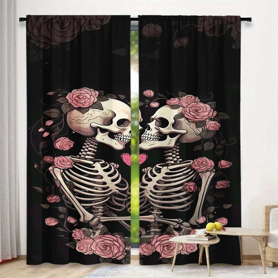 2 PCS Skull Pink Rose Curtains, Sweet Cool Dark Style Window Drapes for Living Room Bedroom Home Decor Polyester Rod Pocket