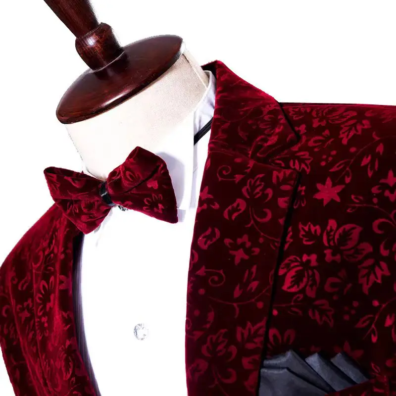 طقم بدلة رسمية للرجال من Groom Tuxedo-Burgundy بنمط الأزهار للحفلات والمغني المضيف والمرحلة الرسمية بدلة التصوير الفوتوغرافي #5