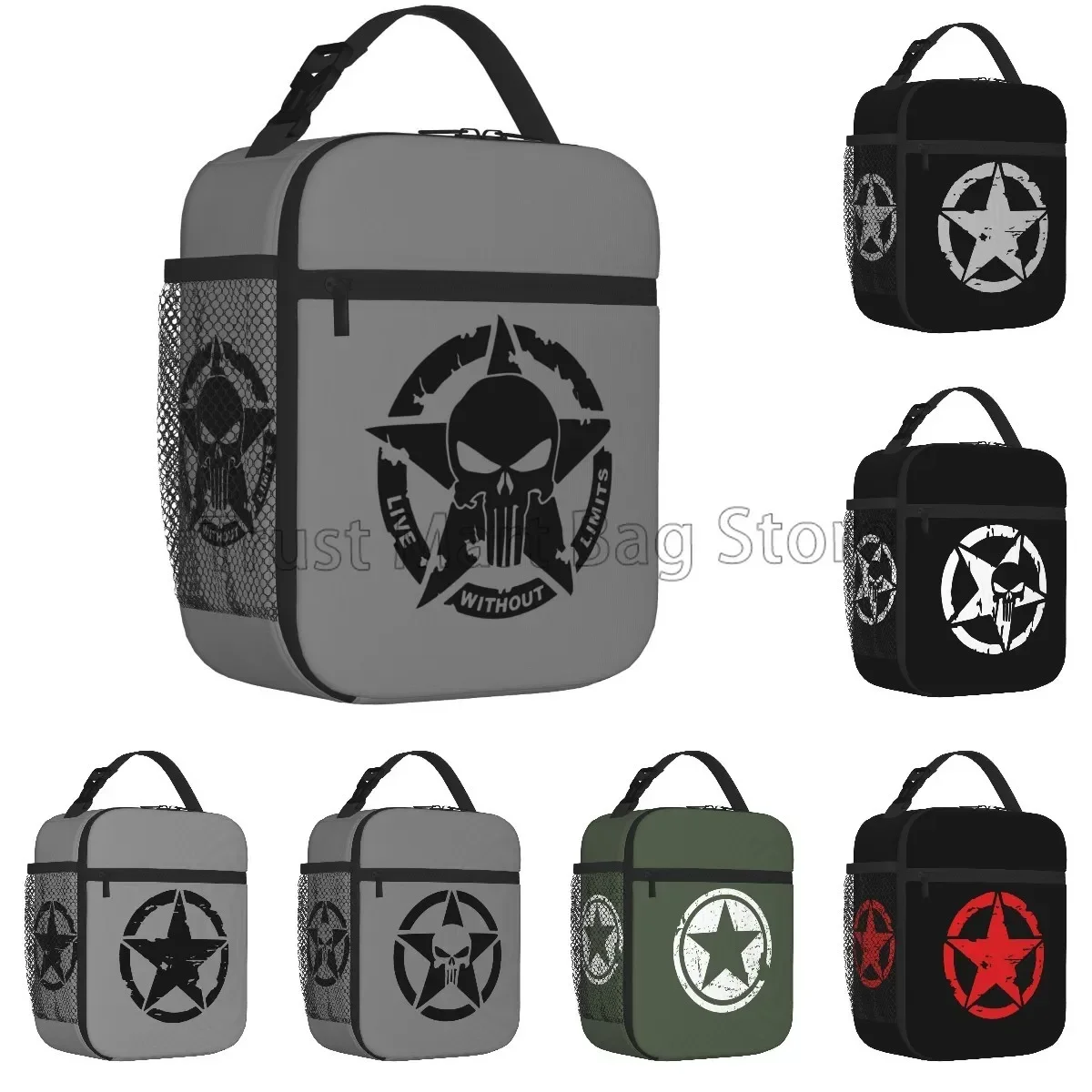 Military Tactical Skull Star Insulated Lunch Bag Portable Waterproof Lunch Box Thermal Cooler Bento Tote For Work Travel Picnic