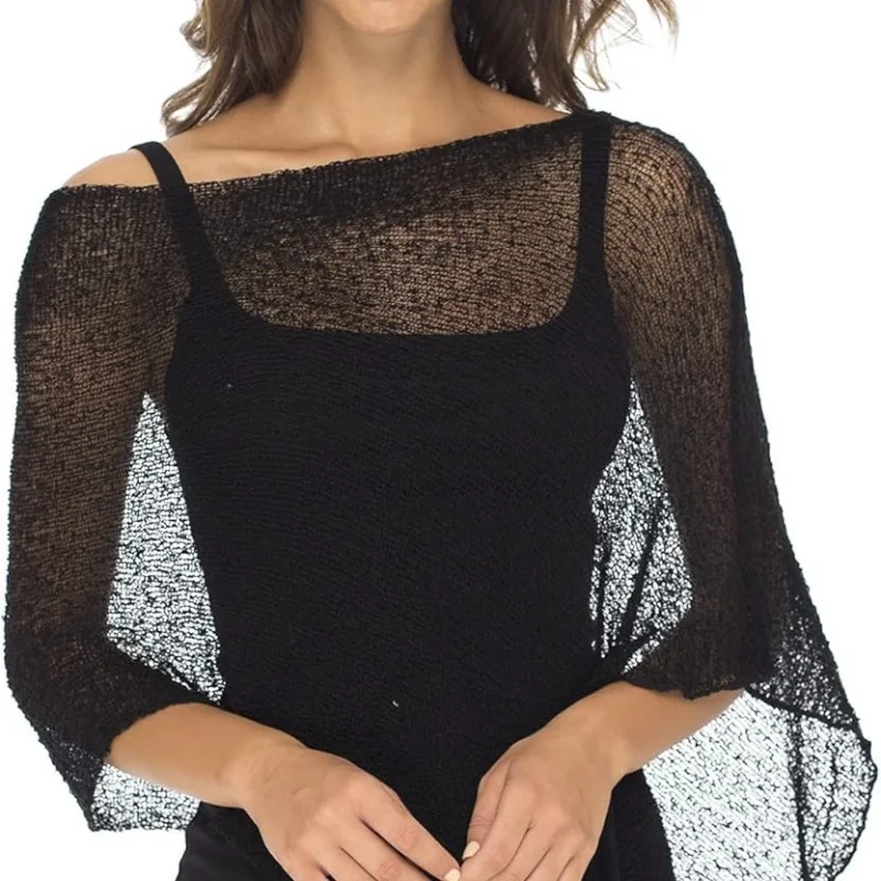 Durchsichtiges Poncho-Oberteil für Damen, leicht gestrickt, Achselzucken, Schal, schulterfrei, Netzbluse, Überwurf-Oberteile