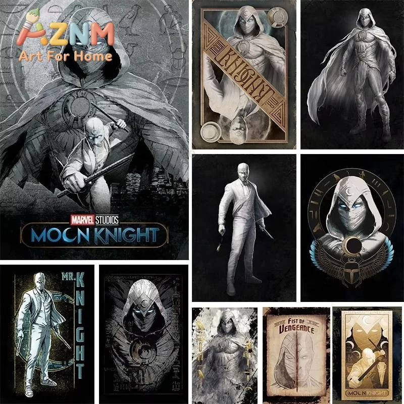 AZNM Moon Knight Canvas Wall Art Frameless Poster Vintage Tarot Style Superhero Character Print Boys Bedroom Room Decor