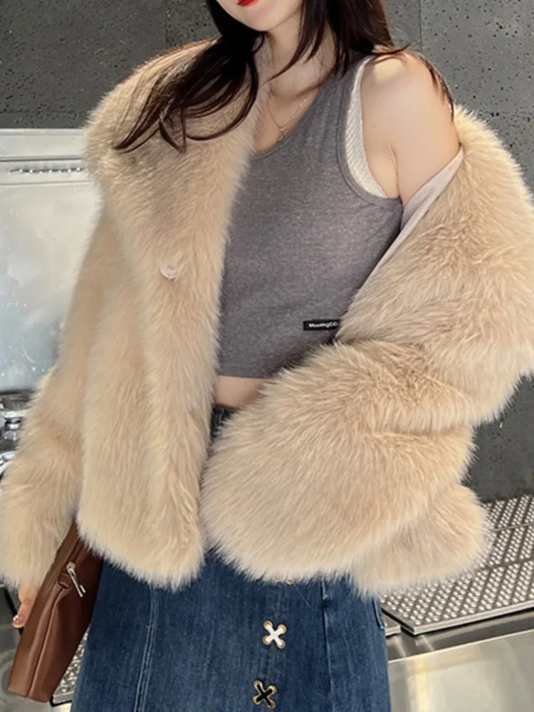 UCXQ Elegant Faux Fur Coat Elegant Temperament Office Lady Lapel Solid Color Short Warm Jacket Women 2025 New Autumn Winter 1823