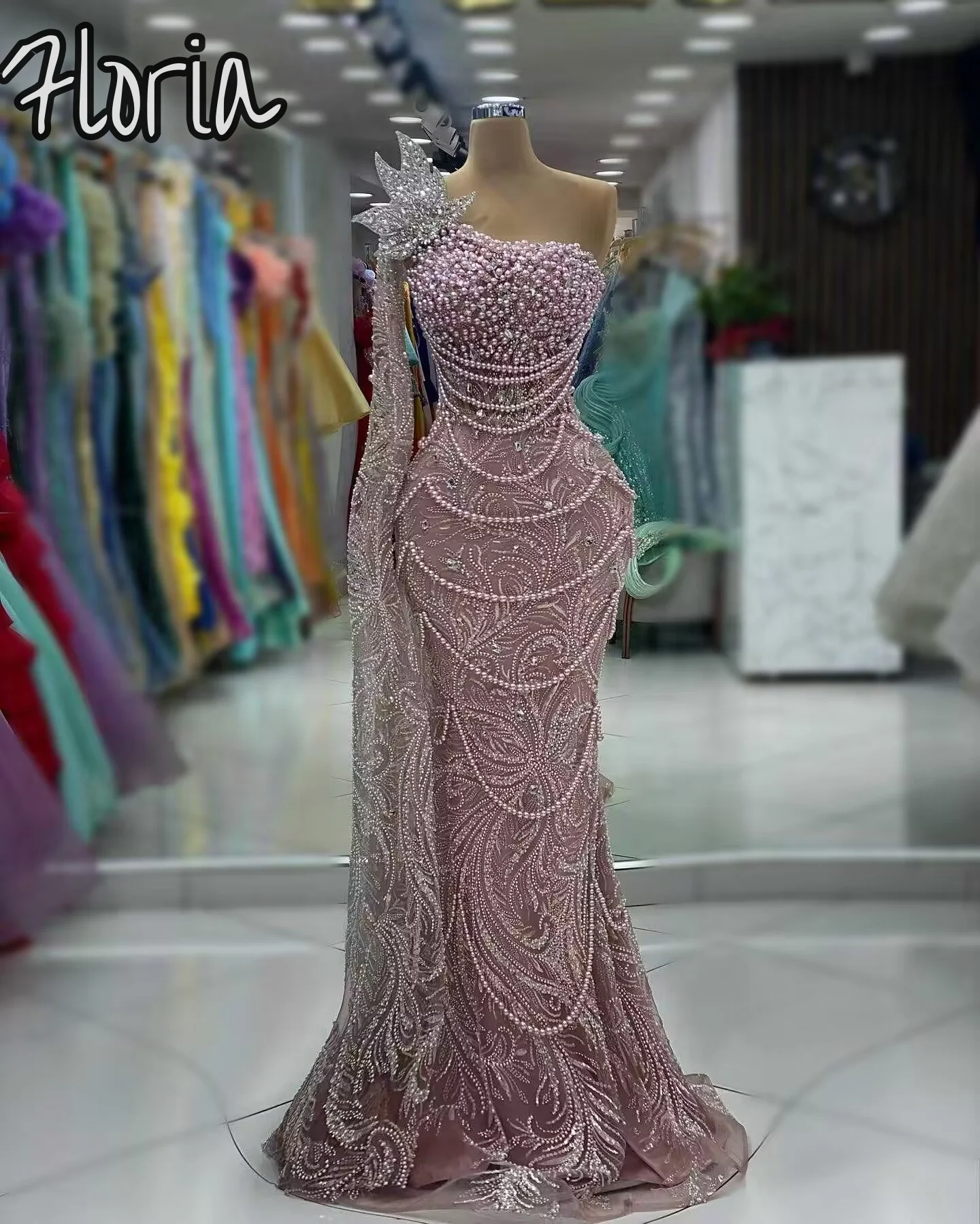 

Arabic Dubai One Shoulder Cap Sleeves Hand Made Pearls Tassel Formal Evening Party Dress Sexy Customized Party Dress Prom Gowns