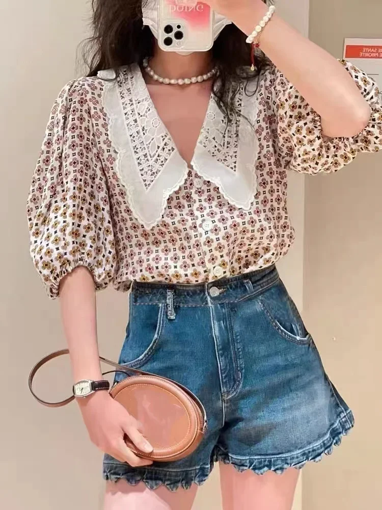 

Женская винтажная блузка с принтом, однобортная блузка с вышивкой, круглым вырезом и пышными рукавами