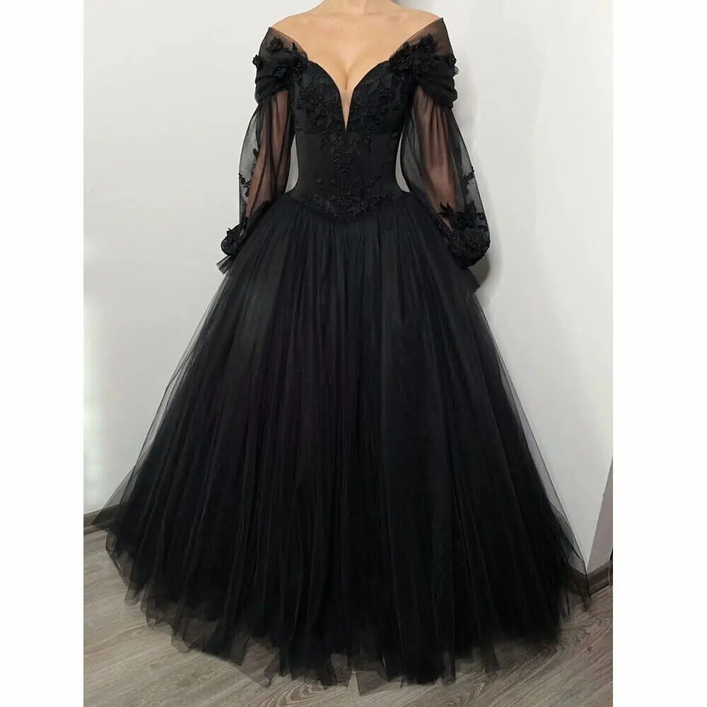 ANGELSBRIDEP-Vestido de casamento gótico preto com trem, manga longa, gola em V profunda sexy, vestido de noiva com trem, tamanho grande