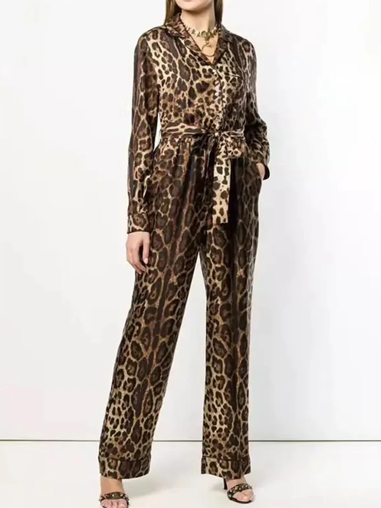 Retro spring new lapel long sleeve Leopard print lace-up loose shirt+elastic waist wide leg trousers women\'s two-piece suit