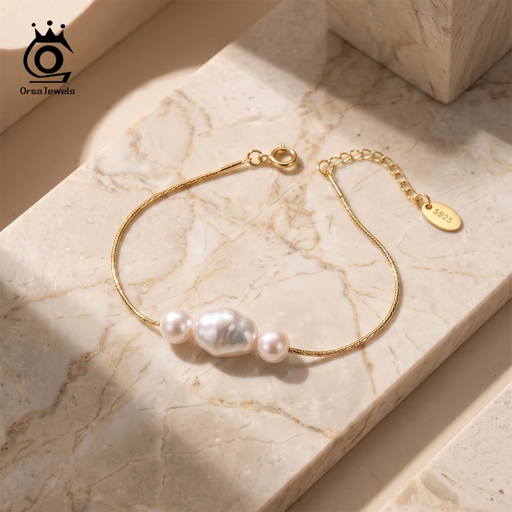 ORSA JEWELS Simple Freshwater Pearl Bracelet Women 925 Sterling Silver Adjustable Bamboo Chain Bangle Daily Jewelry Gift GPB71