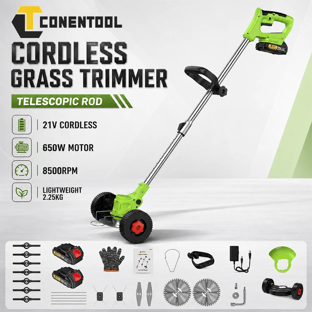 Recortadora de Césped Inalámbrica CONENTOOL de 21V, 650W, 8500 RPM, con Rueda de Soporte y 5 Tipos de Cuchillas para Jardín