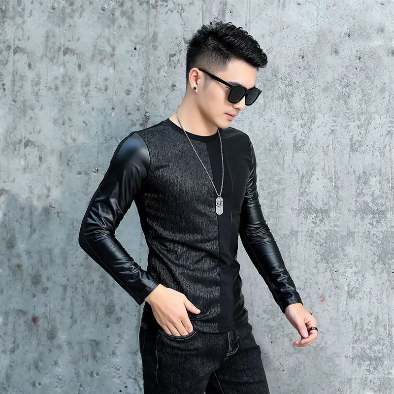 Idopy Men`s Faux Leather Patchwork T-Shirts Long Korean Casual Gothic Punk Black Tees For Male Plus Size M-4XL