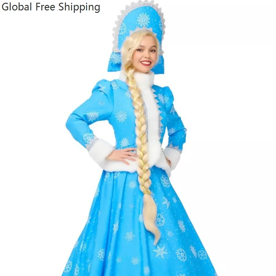 크리스마스 산타 클로스 여성 코스프레 의상 클래식 블루 디럭스 크리스마스 소녀 위장 옷 크리스마스 새해 파티 코트