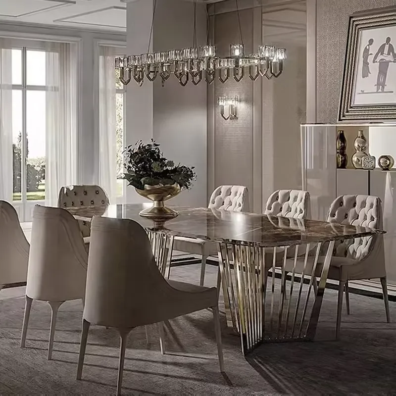 Custom Dining Room Furniture Home Marble Top Dining Table Set with Gold Stainless Steel Base
