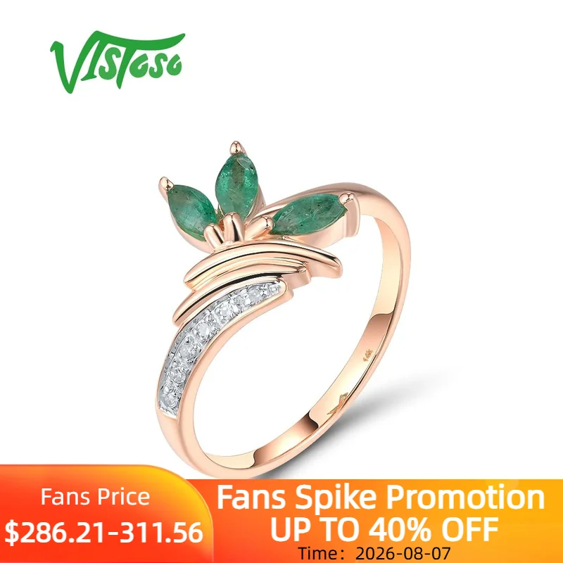 VISTOSO Genuine 14K 585 Rose Gold Ring For Women Ring Sparkling Diamond Emerald Exquisite Party Wedding Engagement Fine Jewelry