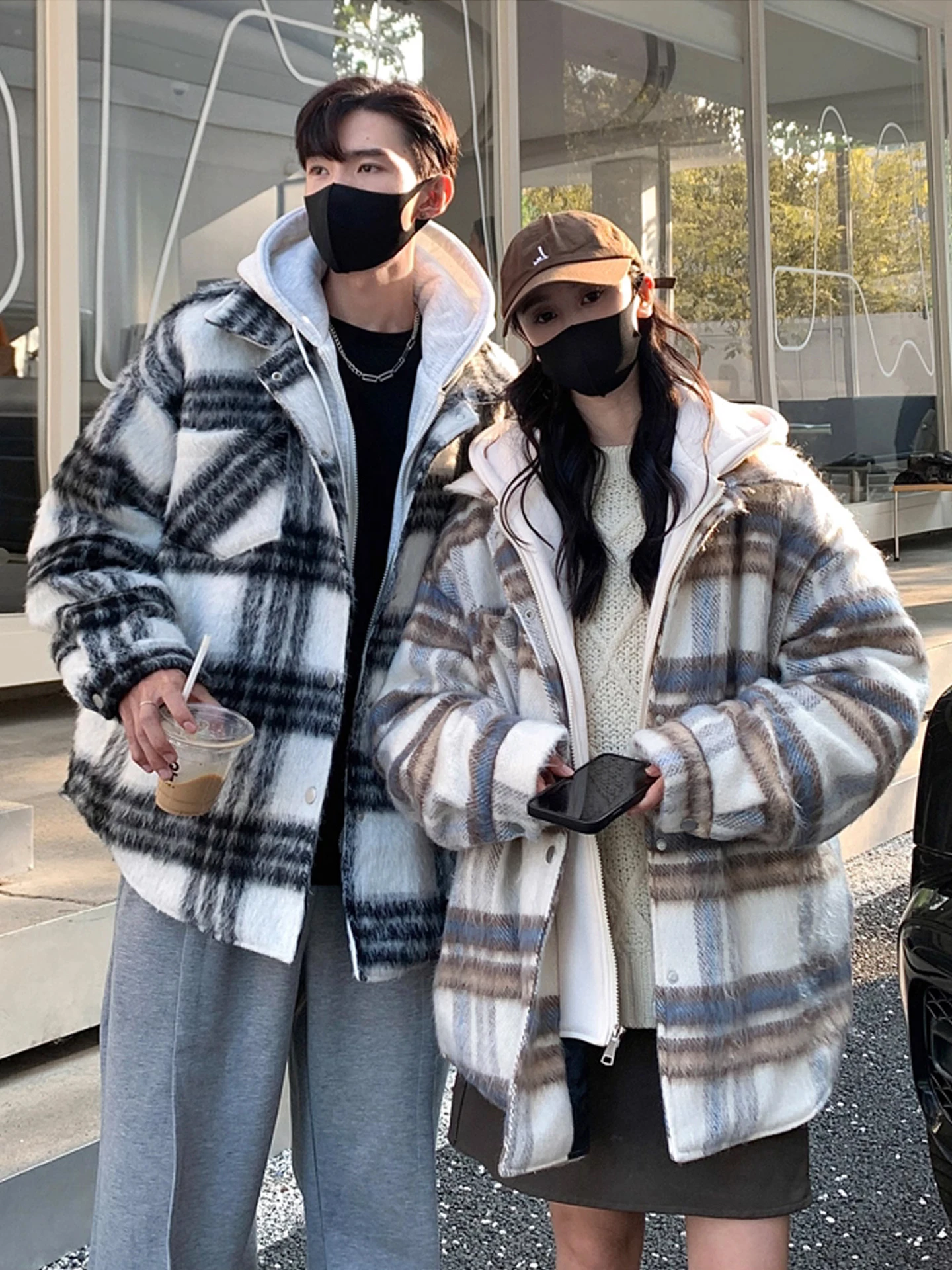 

Модный клетчатый хлопковый дэт с капюшоном для мужчин, осенне-зимняя одежда для пар, маленькая теплая длина, свободная посадка
