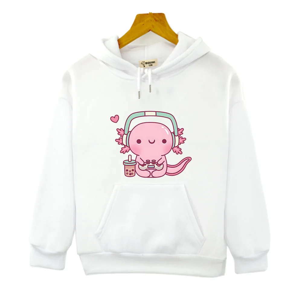 Cute Axolotl Playing Video Games Hoodie Cartoon Gamer Funny Print Sweatshirt Kids Clothes Boys Girl Clothing Y2k Winter Pullover