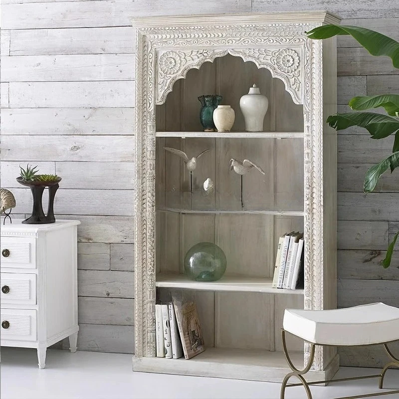 v1 American country old solid wood carving flower retro multi-layer display bookcase shelf