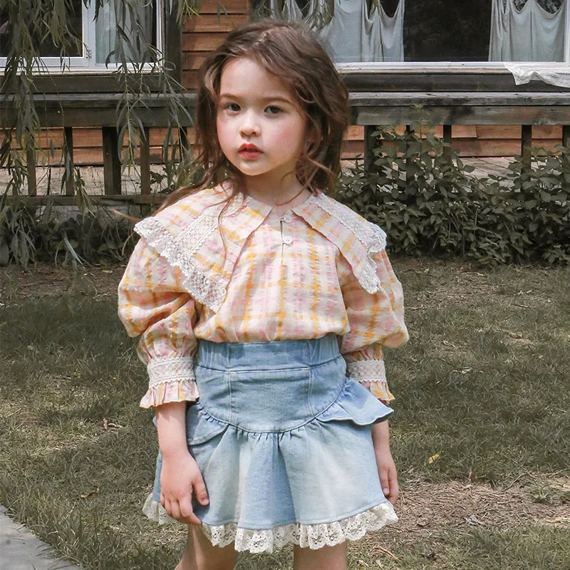 Spring 2023 Korean Style Children's Clothing Girls' Western Style Large Lapel Puff Sleeve Plaid Shirt