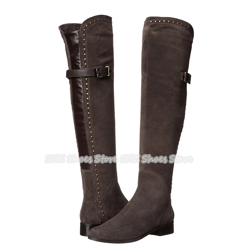 Punk Rivet Belt Buckle Splicing Leather Women Long Boots Round Toe Chunky Heel Over-The-Knee Boots Ladies Knight Boots