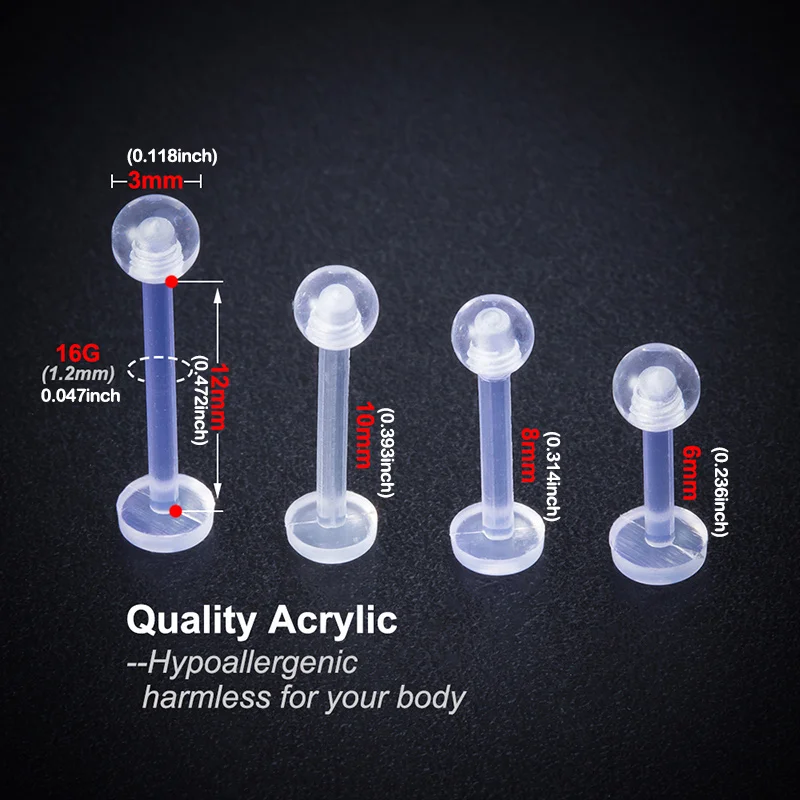 10pcs Clear Acrylic Lip Stud Piercing Labret Rings, 16G