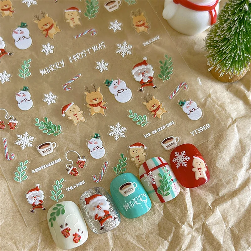 Christmas Nail Art Stickers Embossed Elk Cookie Snowflake Bell Candy Cane Nail Art Decals Adhesive DIY Manicure Salon