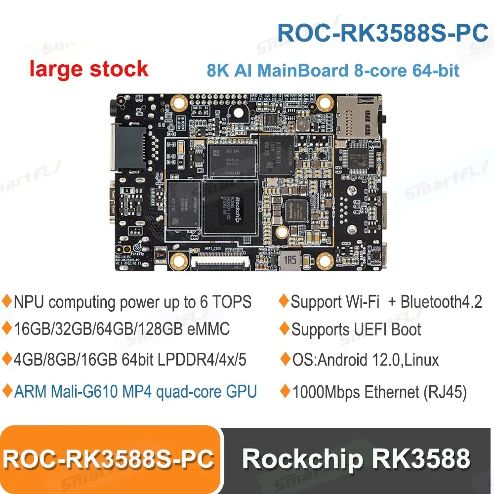 Top ROC-RK3588S-PC Rockchip RK3588 8K AI MainBoard 8-core 64-bit 4GB/8GB/16GB LPDDR4 NPU 6Tops Support Android Debian11AIoT