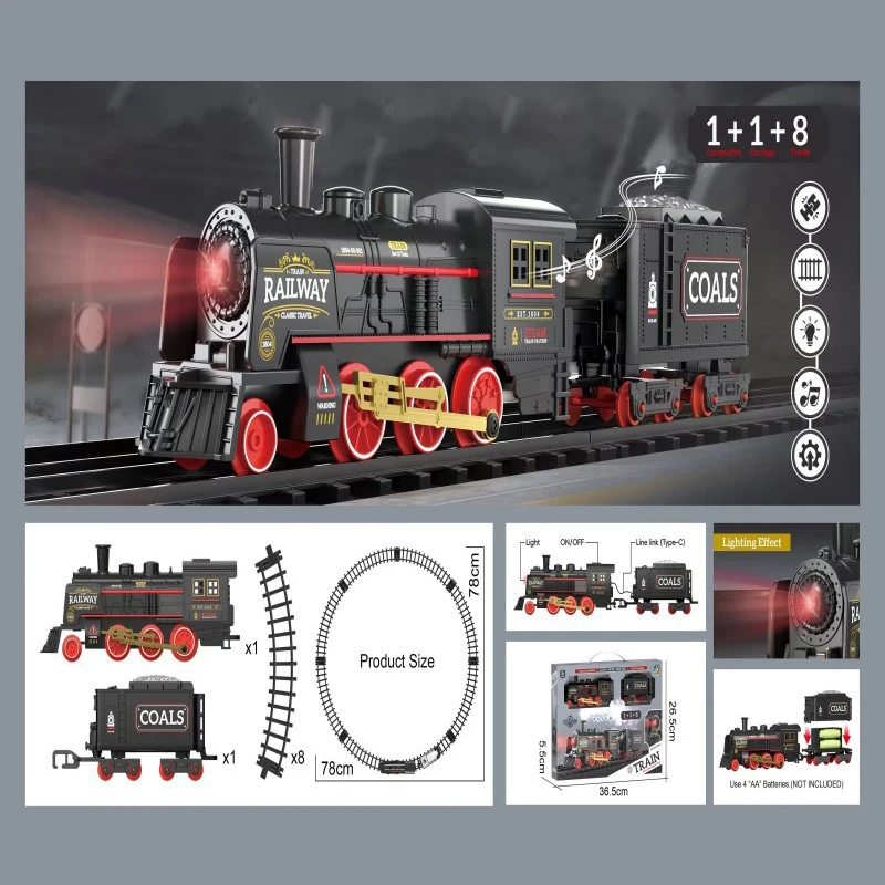 Tren de vapor Retro de simulación con luces, música, ferrocarril de alta velocidad, estacionamiento, pista eléctrica para niño, coche, juguetes para niños, modelo de montaje DIY