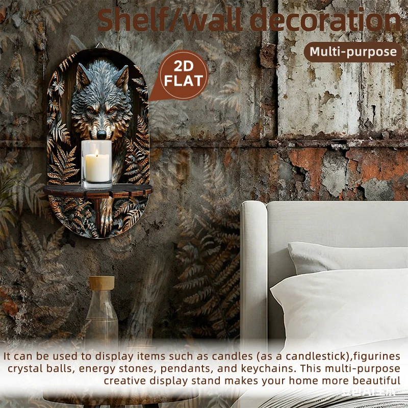 Wolf-Themed Bohemian Wall-Mounted Shelf with Key Holder & Pendant Display - Artificial Wood Storage Rack Suitable for Entryway,