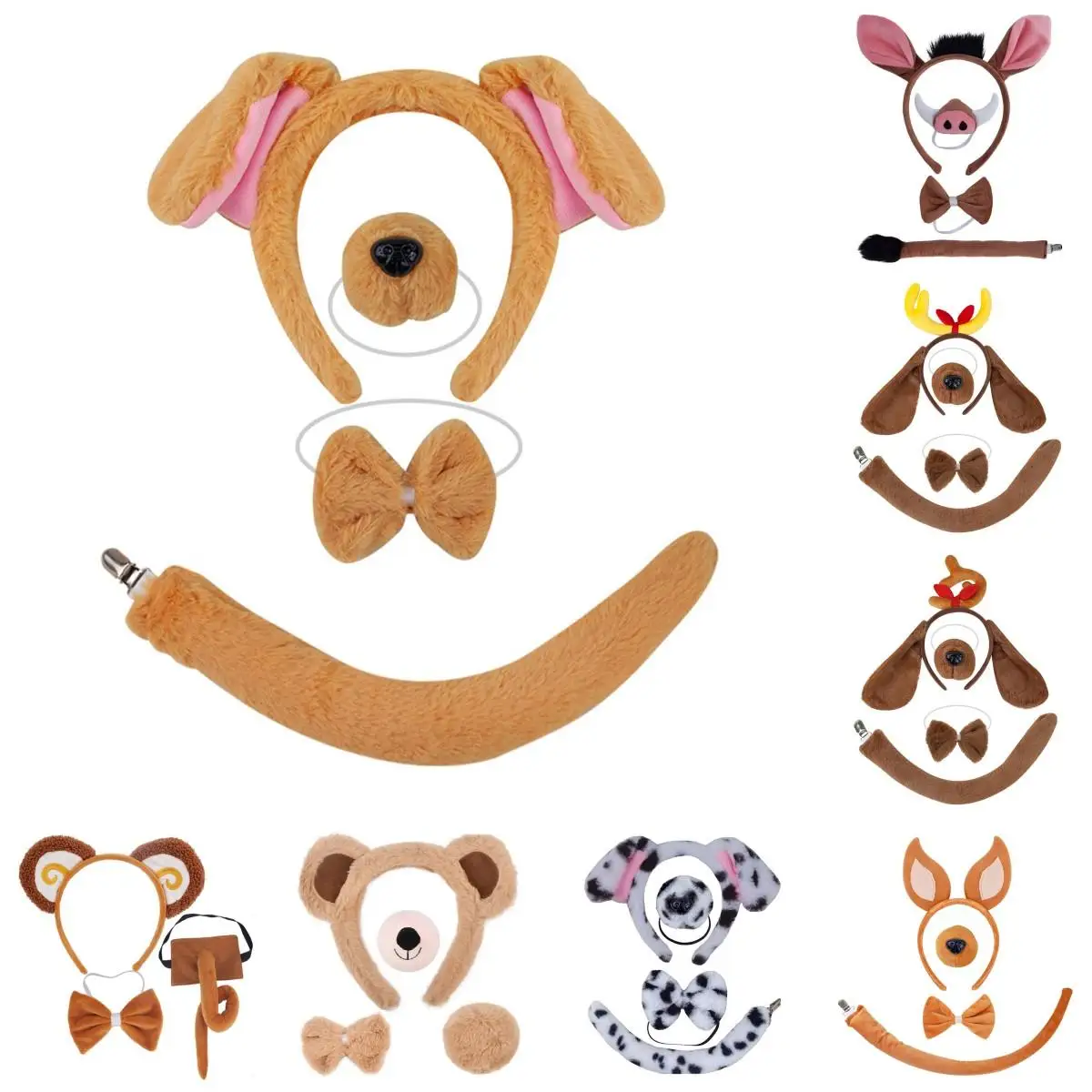 Funny Halloween Animal Ears and Tail Set Holiday Masquerade Headband Nose Tail Bow Tie Dog Cosplay Costume for Kids and Adults