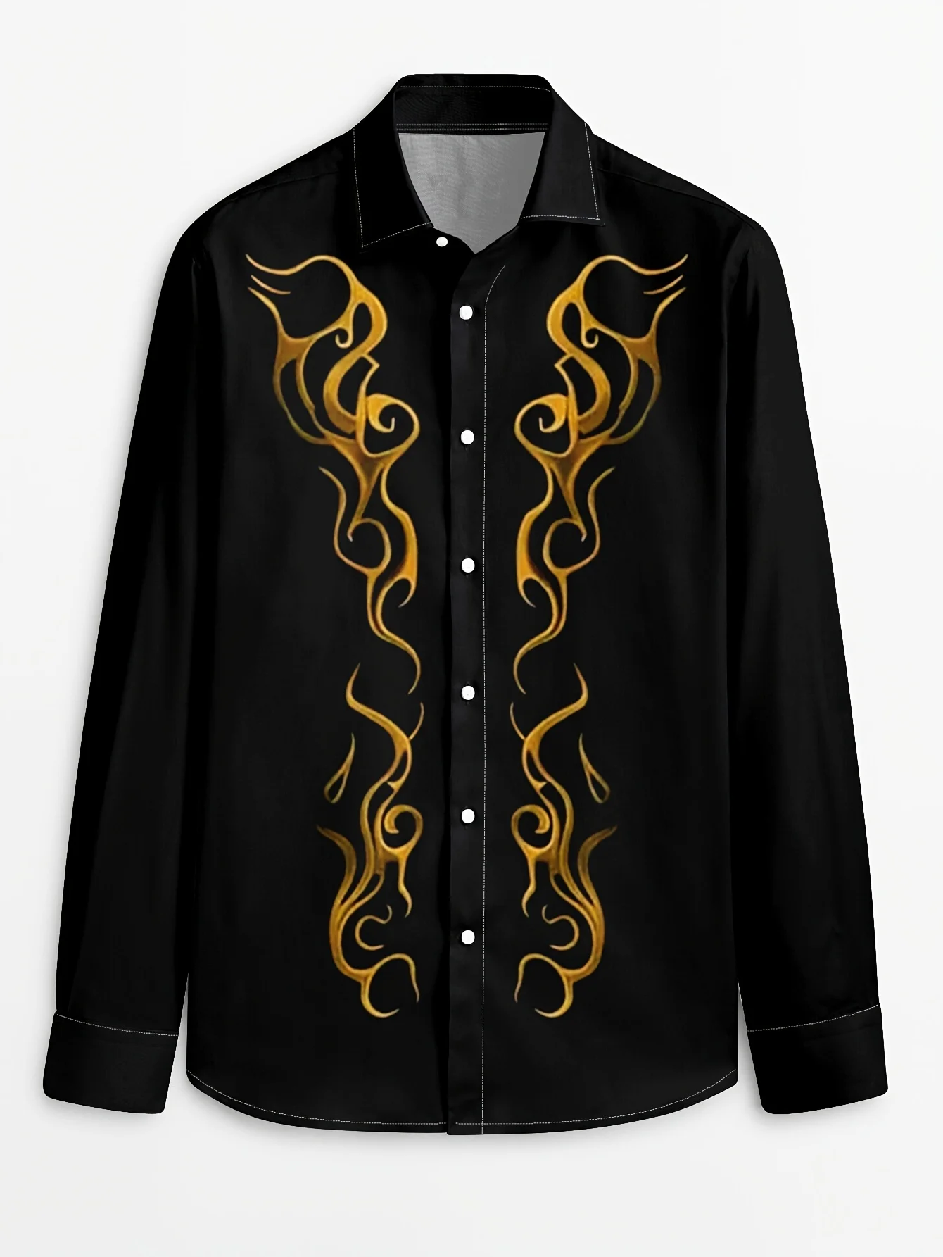 Men Golden Tribal Totem Flame Print Long Sleeve Shirt Turn‑Down Collar Button‑Up Polyester Party Blouse