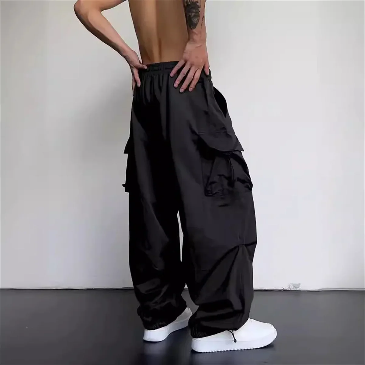 Vintage-Mode-Cargohose für Damen, einfarbig, mit elastischem Bund, Taschen, Jogginghose, weites Bein, Baggy-Schnitt, Y2K-Hose, Streetwear, amerikanische Kleidung. – Detail 9