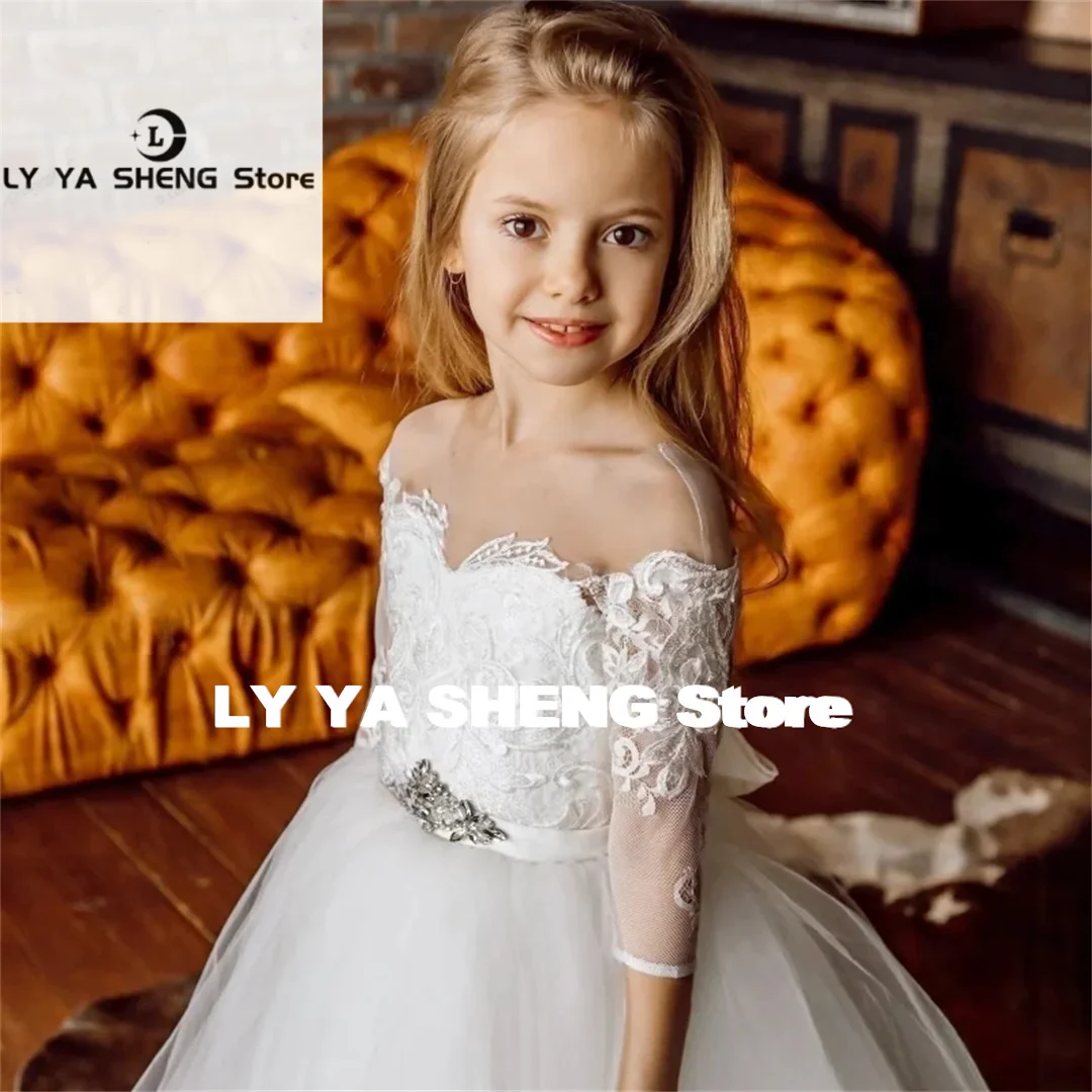 White Flower Girl Dress Beautiful Tulle Lace Appliques Pearl Long Sleeves Fit Wedding Birthday Princess Pageant Gown