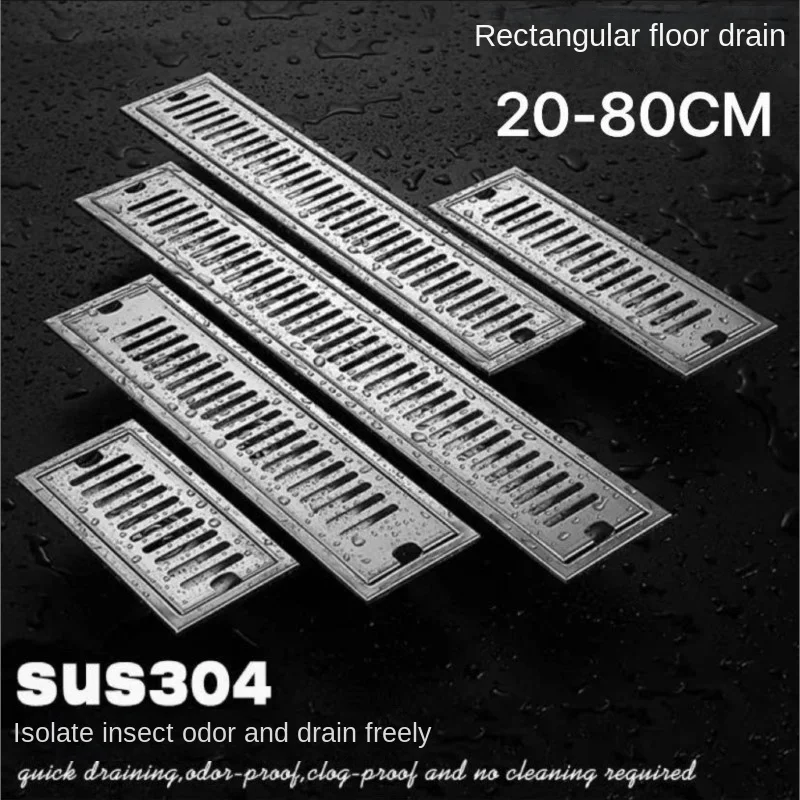 20-80CM Extended Floor Drain Golden Bathroom Stainless Steel Large Displacement Anti-Odor Barrier Hair Rectangular Floor Drain