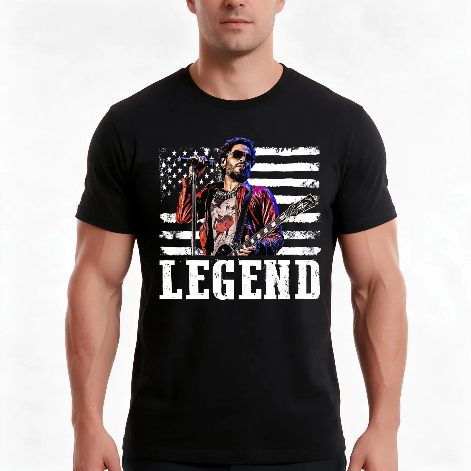 Distressed American Flag Lenny Kravitz Music Legend T-Shirt, Summer Casual Cotton Tee, Oversized Streetwear Tops, 100% Cotton