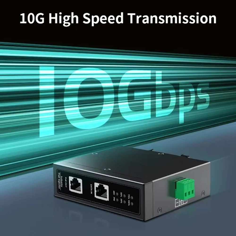 10G 90W industrial POE injector 12-57V wide voltage input and 48V POE output,802.3x,bt,poe++