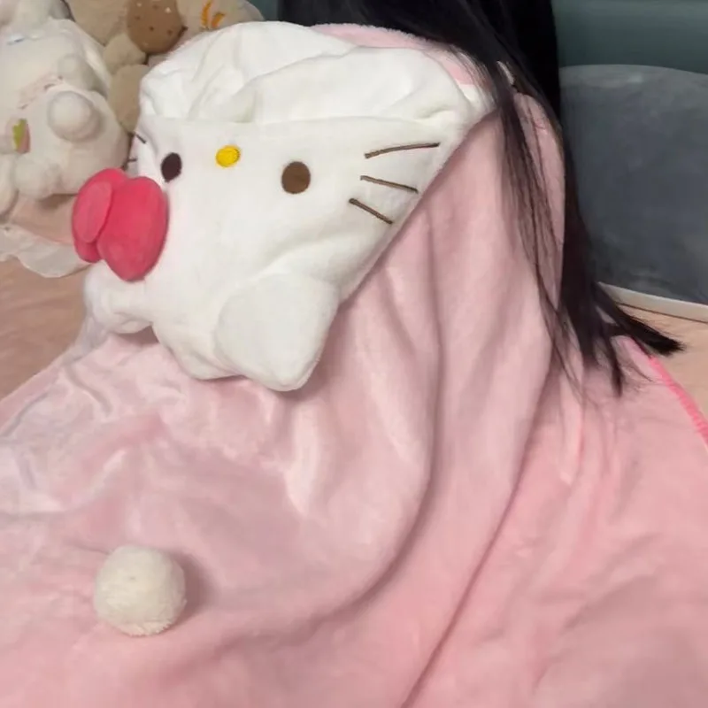 New Cartoon Cute Pink Hello Kitty Kitten Cloak Casual Home Plush Fuzzy Napping Dormitory Air Conditioning Hooded Blanket