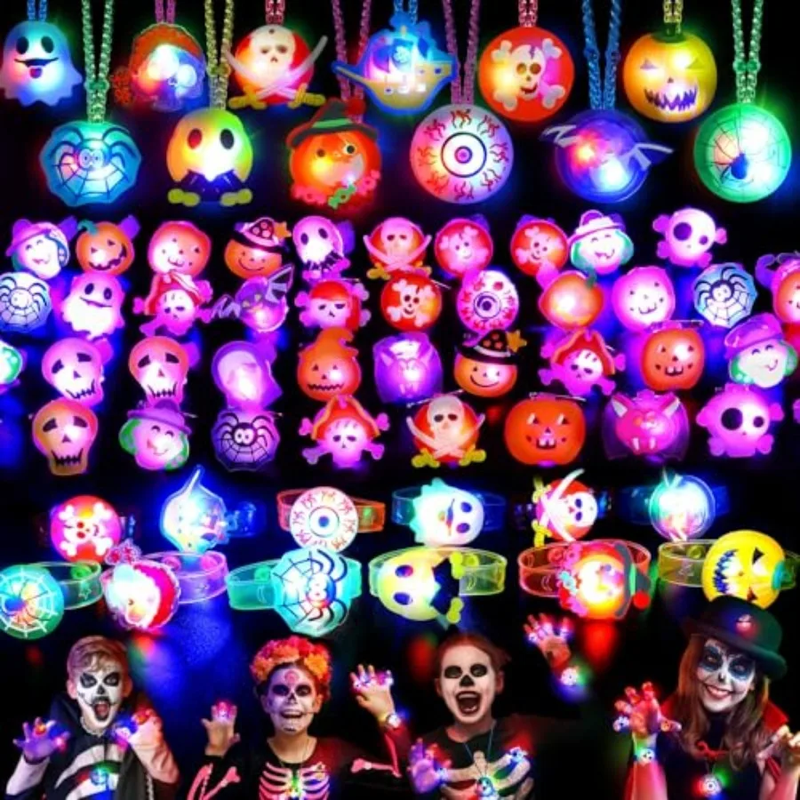 118 PCS Halloween Party Favors Bulk, 80 Rings, 14 Brooches, 12 Necklaces, 12 Bracelets, Halloween Toys for,Glow in the Dark Toy