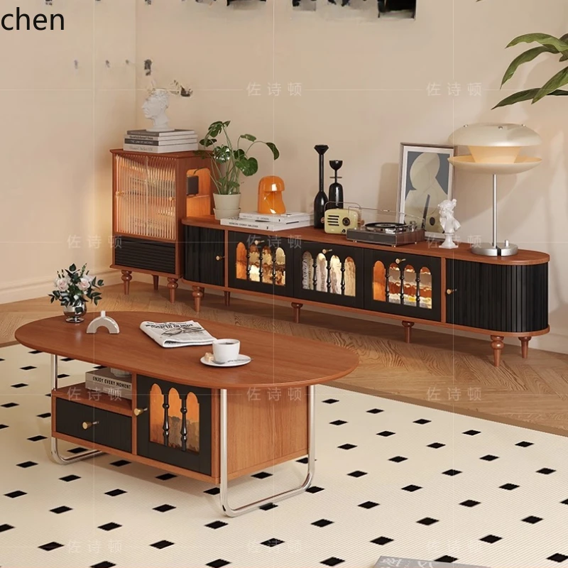 

HXL retro TV cabinet narrow solid wood medieval coffee table side cabinet combination