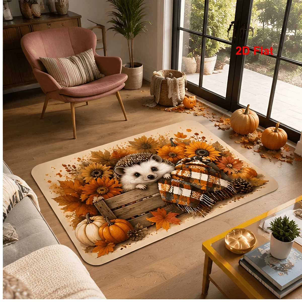 1pc Autumn Hedgehog‑Pumpkin‑Sunflower Print Area Rug, Soft Absorbent Washable Floor Mat for Kitchen, Entryway, Bedroom